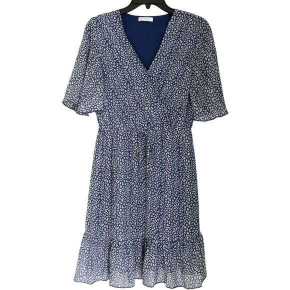 Flowy Fall Casual Short Sleeve V-Neck Ruffle Printed Flowy Mini Dress Small Blue - Picture 2 of 9